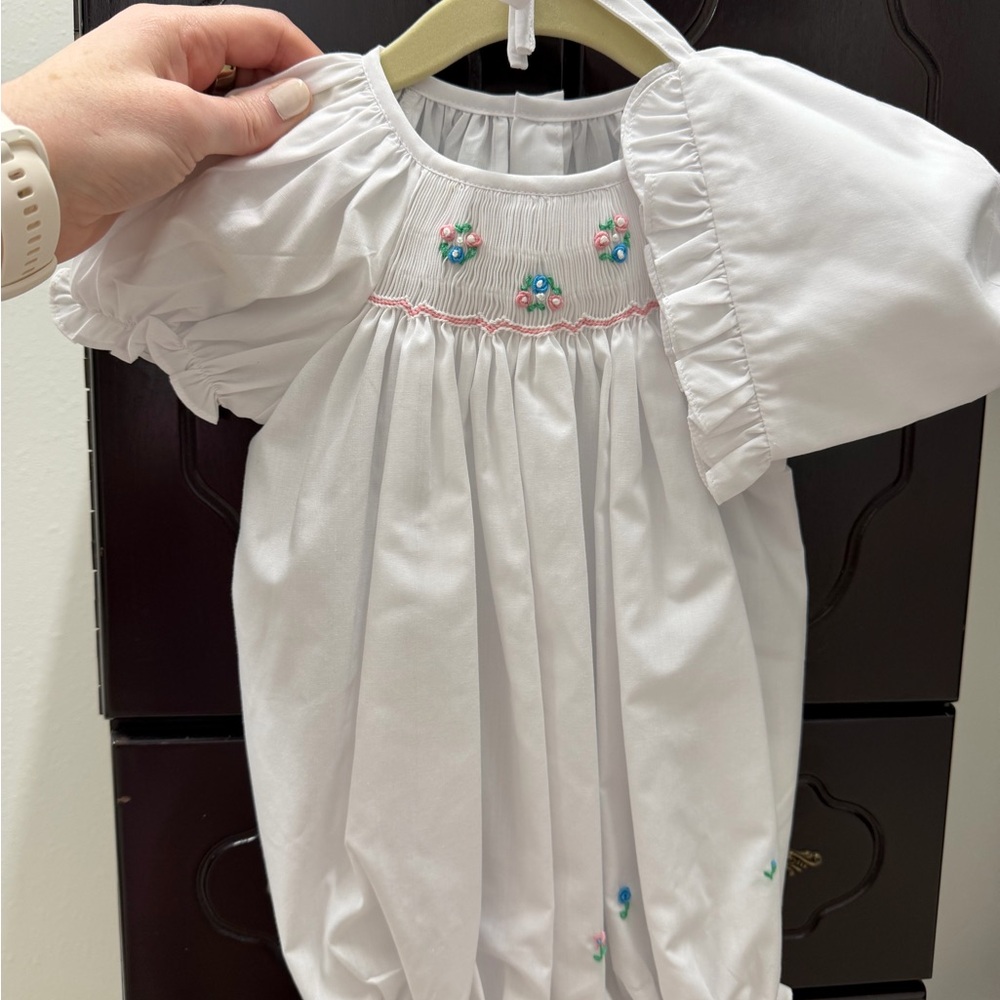 NWOT Mommy & Me White Smocked Baby Bubble with Floral Embroidery and Bonnet